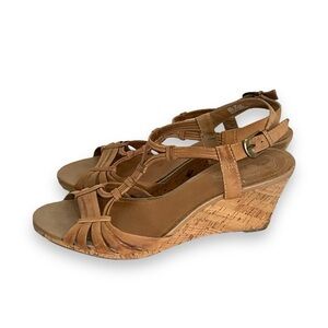 Clarks Shoes Brown Leather Cork Wedge Espadrilles Summer Sandals‎ Heels Size 10